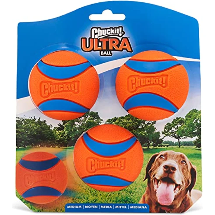 Chuckit! Ultra Ball Hundespielzeug, langlebig aus Gummi, hohe Sprungkraft, schwimmend, 3 Stück, Größe M, orange/blau – Bild 1