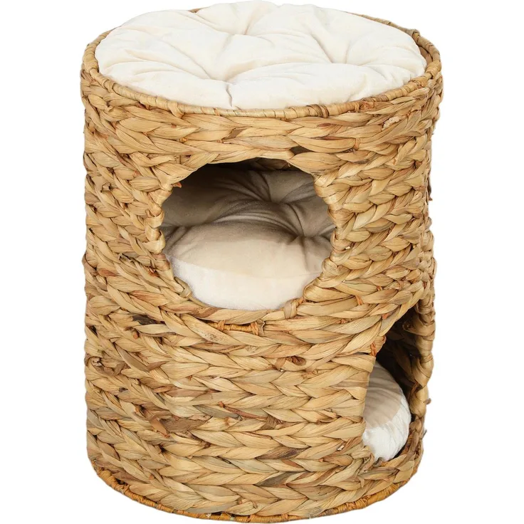 JTI GmbH Kratztonne, 50 cm hoch mit 2 Höhlen, Kratzbaum aus Wasserhyazinthe mit Kissen, hellbraun, für Katzen bis 3,5 kg