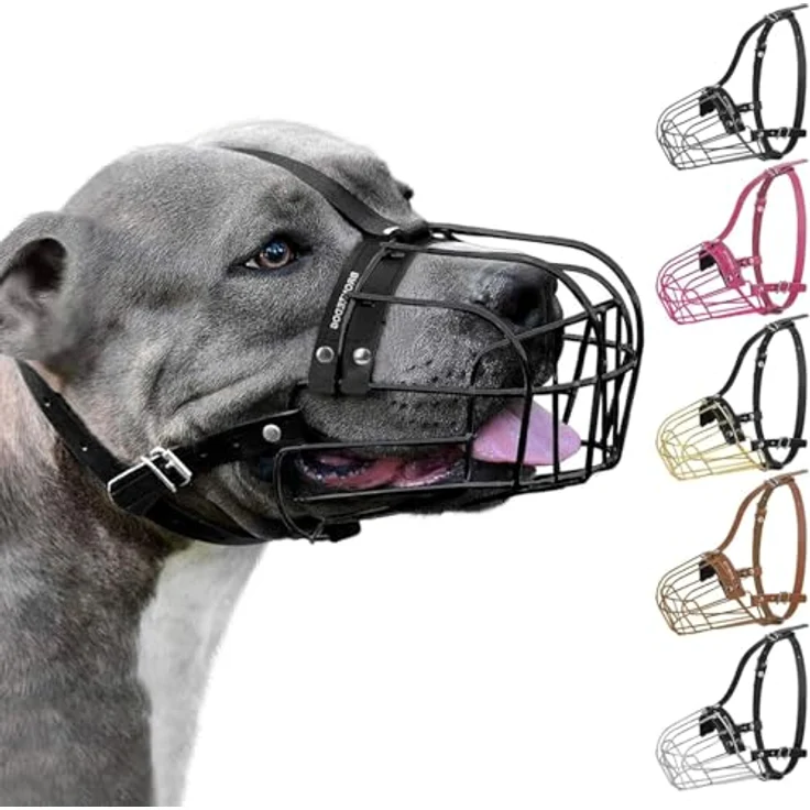 BRONZEDOG Pitbull Hundemaulkorb Metallmaske Drahtkorb mit verstellbaren Lederriemen und Neoprenpolsterung für große Hunde (Schwarz) – Bild 1