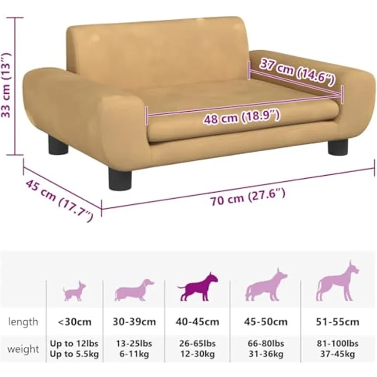 vidaXL Hundekorb Hundebett Braun 70x45x33 cm Samt Körbchen Hundesofa mit massivem Kiefernholzrahmen – Bild 3