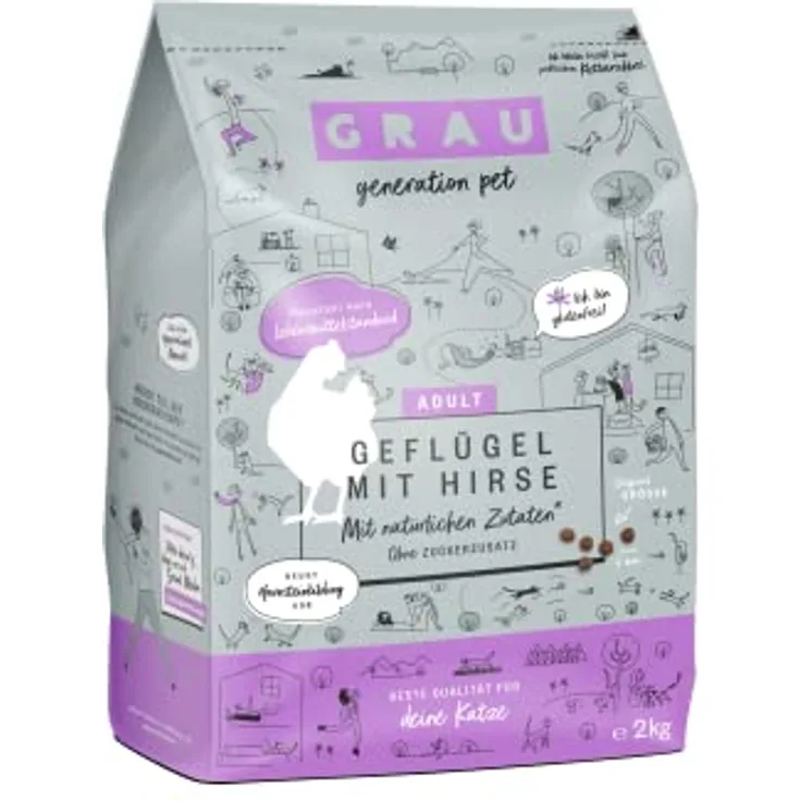 GRAU Trockenfutter für Katzen, Geflügel mit Hirse, glutenfrei, 1 x 2 kg, für Erwachsene und ältere Katzen