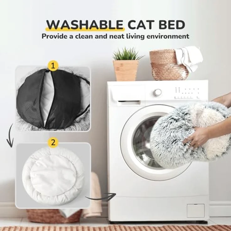 CATISM Katzenbett Waschbar, Flauschiges Plüsch-Höhlenbett für Katzen mit rutschfestem Boden, Grau – Bild 4