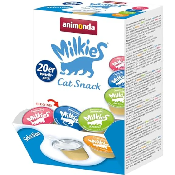 Animonda Milkies Mixpaket 1 Selection, Katzensnack mit 4 Sorten, 20 x 15 g, milchiger Snack, glutenarm, leicht verdaulich