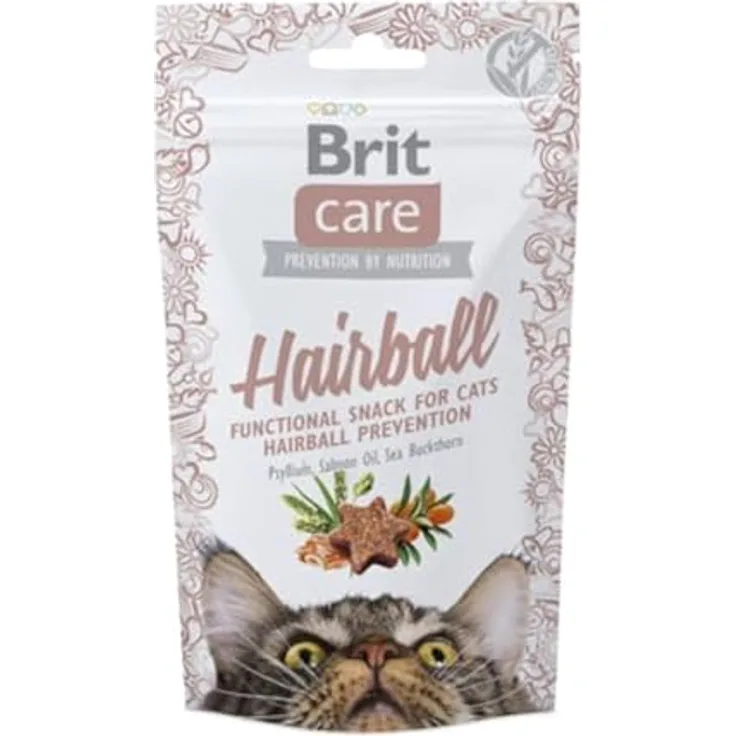 Brit Care Cat Snack 50 g Hairball, natürlicher Snack zur Unterstützung der Zahnpflege und gegen Haarballen, 12er Pack