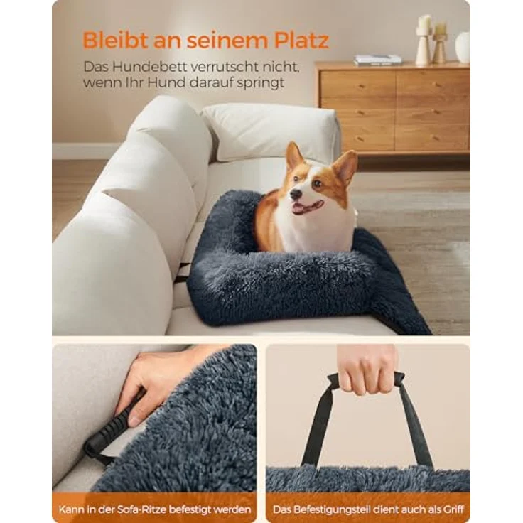 Feandrea FluffyHug Hundebett Plüsch, Größe L, für mittelgroße Hunde bis 25 kg, 95 x 85 x 16 cm, dunkelgrau, wasserabweisend mit waschbarem Bezug – Bild 5