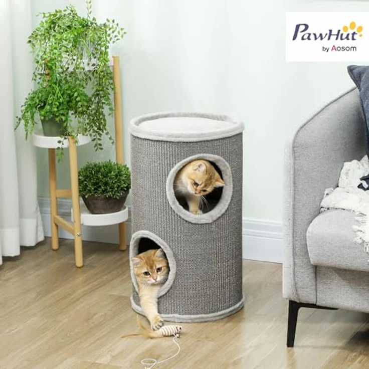 PawHut Kratztonne, 60 cm hoch Ø 35 cm, zweistöckig mit 2 Höhlen, Kratzbaum mit Plüschrand für 1-2 Katzen bis 5 kg, Hellgrau – Bild 2
