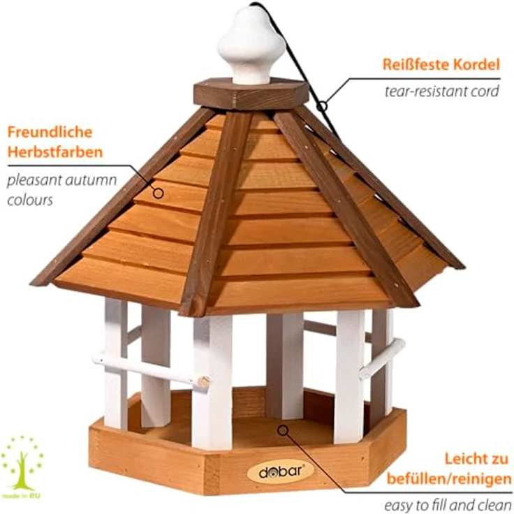 dobar® Green Label Großes Vogelhaus Goldener Oktober, Futterstation für Wildvögel, 33,5 x 29 x 34 cm, Kiefernholz, Braun/Weiß, mit reißfester Kordel zum Aufhängen – Bild 3