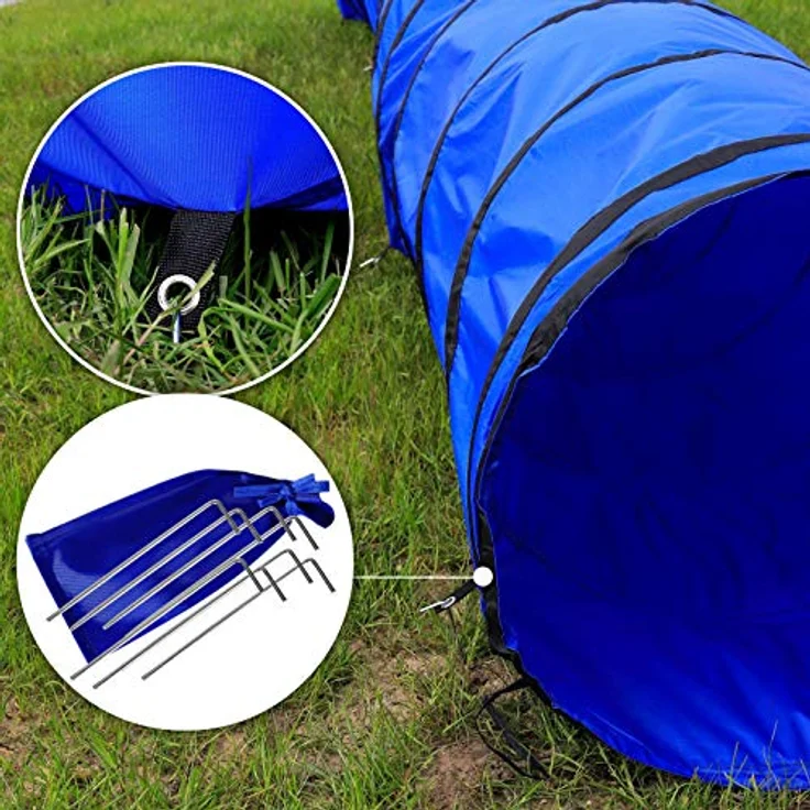 lionto Outdoor Tunnel, faltbarer Agility Tunnel für Hunde und Kinder, 500x60 cm, reißfest mit Heringen und Tragetasche, blau – Bild 4