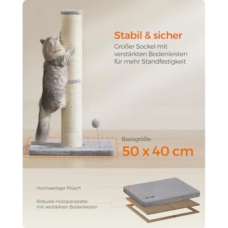 Famanu Katzenkratzbaum 85 cm hoch, dicke Säule aus robustem Sisal, taubengrau, mit Plüschball und Glocke – Bild 8