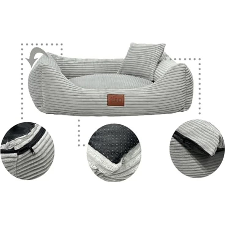 Leo4dog Hundebett Cord, Waschbarer Bezug für kleine bis große Hunde, Grau, S 67x52 cm, Antirutsch, Hochwertiges Material – Bild 3