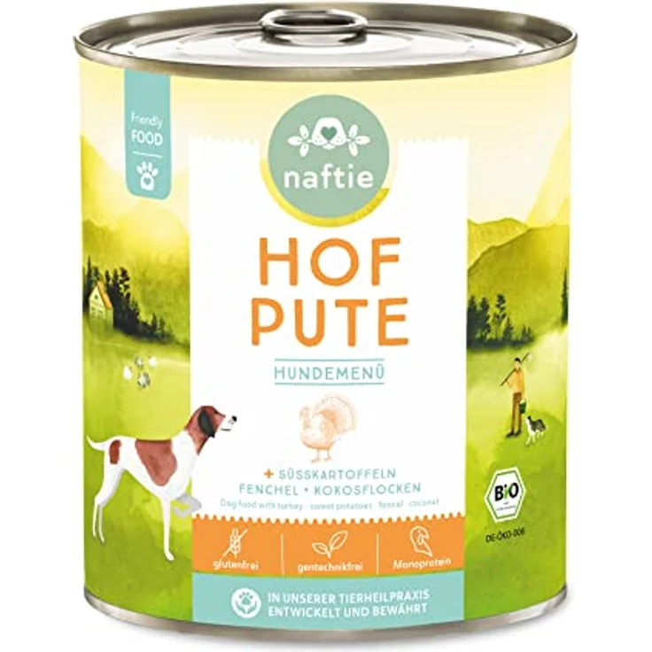 naftie Bio Hundefutter Hof Pute, Premium Nassfutter mit Putenfleisch & Süßkartoffeln, getreidefrei, glutenfrei, purinarm, 800g Dose – Bild 1