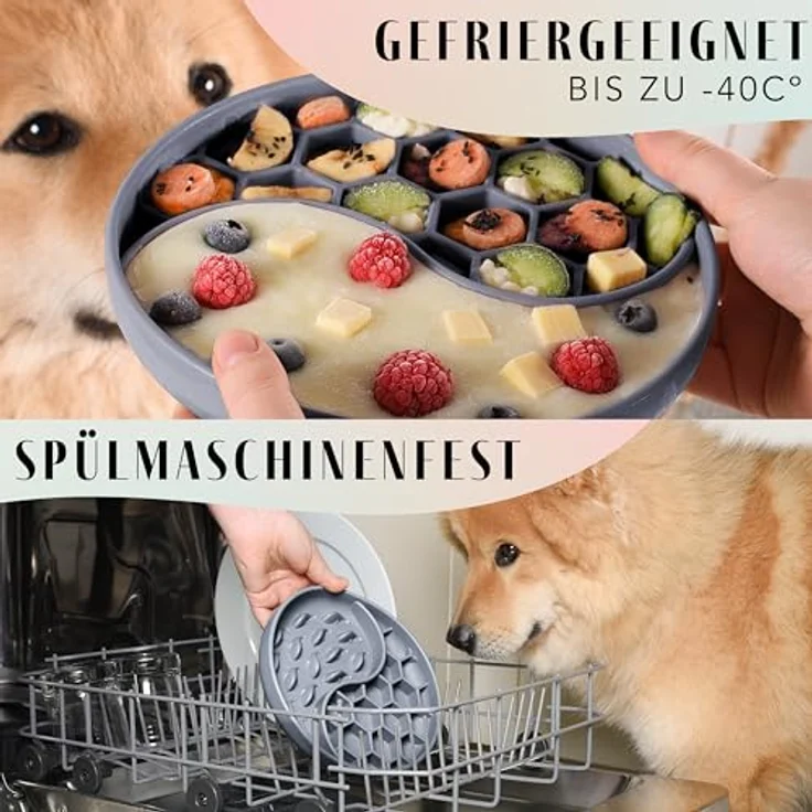 ne&no® Anti Schling Napf für Hunde und Katzen, Slow Feeder mit großem Saugnapf, Leckmatte für Nass- und Trockenfutter, grau-blau – Bild 5