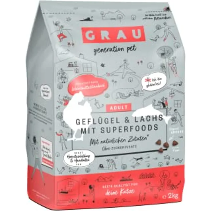 Grau GRAU – das Original – Trockenfutter für Katzen, Geflügel & Lachs mit Superfoods, glutenfrei, 2 kg, für erwachsene Katzen