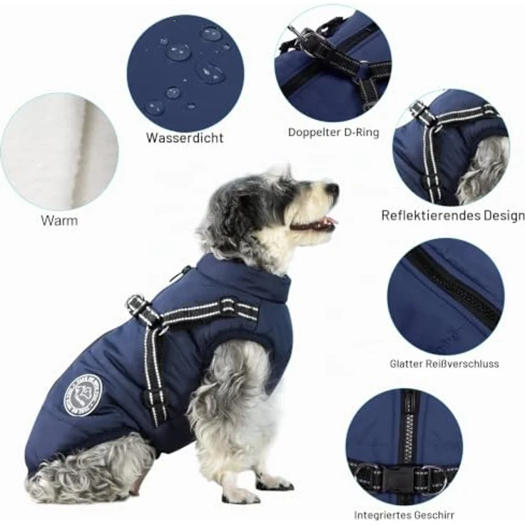 Savlot Hundejacke Winterweste, wasserabweisende Jacke mit Reißverschluss und Brustgurt, dunkelblau, Größe L – Bild 3