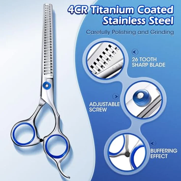 Gimars Professionelle 5-in-1 Fellschere für Hunde, 4CR mit runder Sicherheitsspitze, Titanbeschichtung, gerade, Effilierschere und gebogene Schere – Bild 3