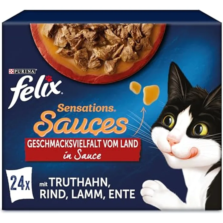 PURINA FELIX Sensations Saucen Geschmacksvielfalt, Katzennassfutter mit Vitaminen D und E, 24x85g Portionsbeutel