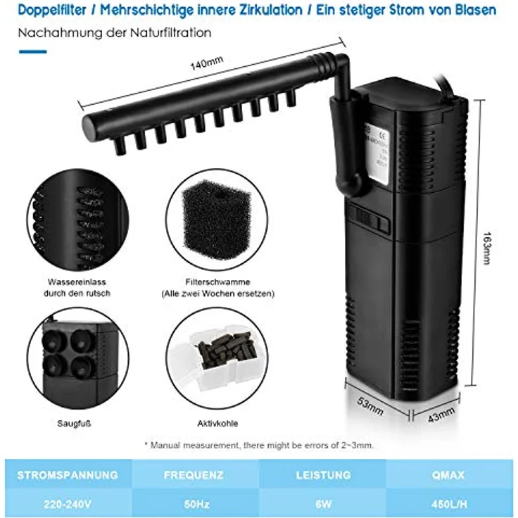 Forever Speed Aquarium Pumpe, Innenfilter mit 450 L/h Leistung und 2-Stufen-Reinigung, für Aquarien bis 60L – Bild 3