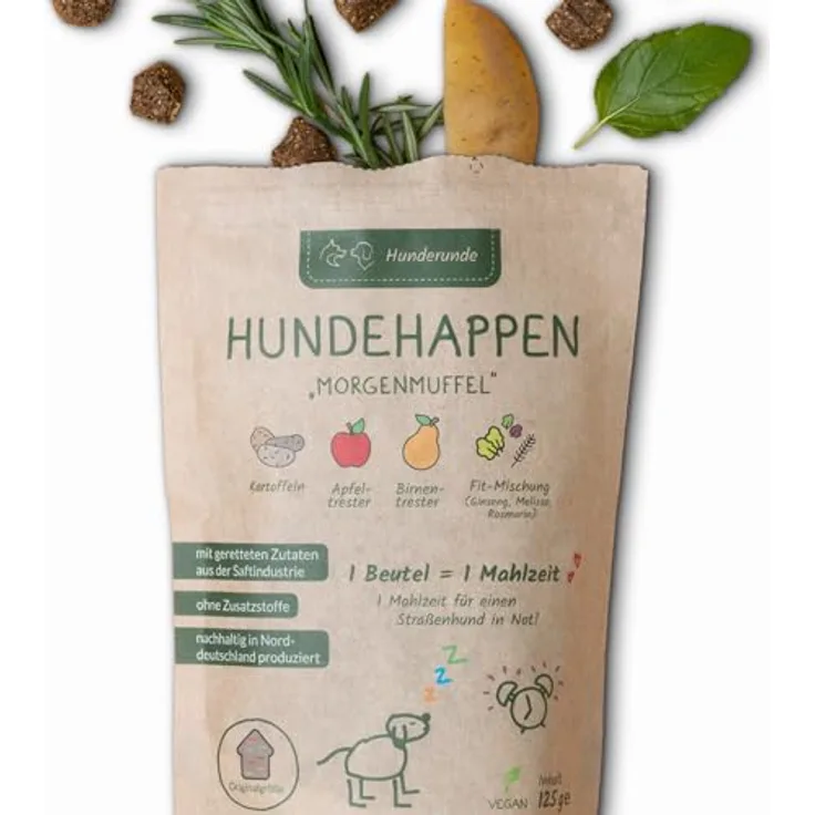 Hunderunde Hundesnack Morgenmuffel, 100% hypoallergen, vegan, mit Vitaminen, 39 Ballaststoffen & Kohlenhydraten, (3x 125g)