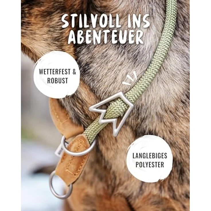Rudelkönig Hundehalsband Emma, Elegantes Zugstopp Halsband aus Leder und Nylon, ø 12mm, Bequemes Erziehungshalsband für sehr große Hunde, Khaki – Bild 3