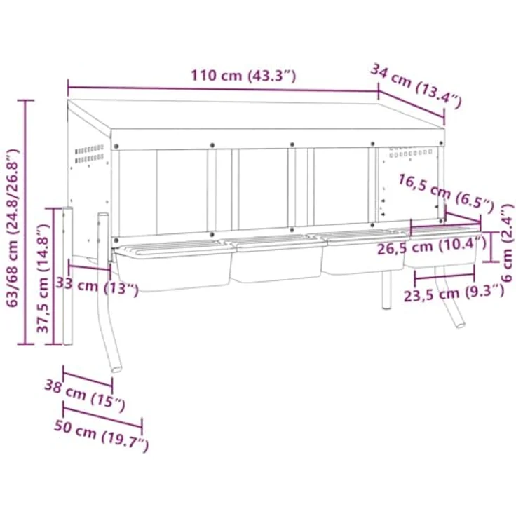vidaXL Hühnerstall 110 x 50 x 63/68 cm, Nistkasten mit 4 Fächern, verzinkter Stahl, anpassbare Höhe, silber/dunkelgrün/schwarz – Bild 3