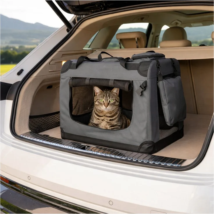 belviona Katzentransporttasche für Katzen, faltbar mit Mesh-Fenstern, 60x42x44 cm, dunkelgrau, bis 12 kg, leichte Transportbox mit Innenkissen & Außentaschen