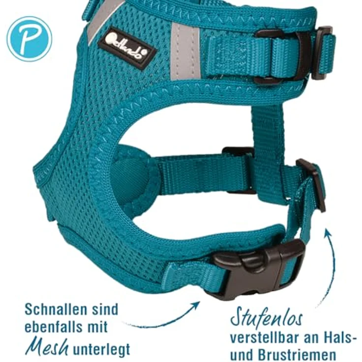 Petlando Hundegeschirr Mesh Vest S, leichtes reflektierendes Brustgeschirr für kleine Hunde, stufenlos verstellbar, Petrol, 2 D-Ringe – Bild 2