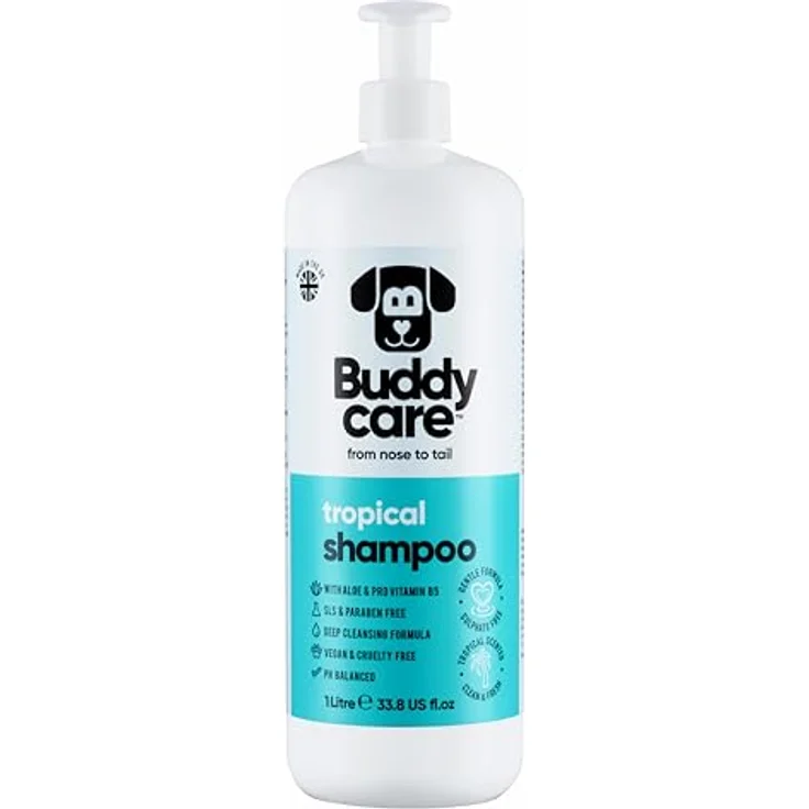 Buddycare Tropisches Hundeshampoo, Tiefenreinigendes Shampoo mit Aloe Vera und Pro-Vitamin B5, 1L, Erfrischender Duft, Vegan und Tierversuchsfrei – Bild 1