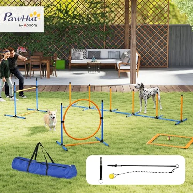 PawHut Agility Set Hunde 7-teilig, höhenverstellbare Agility-Ausrüstung mit Slalomstangen, Sprunghürde, Hula-Hoop und 2 Bällen für effektives Hundetraining – Bild 2