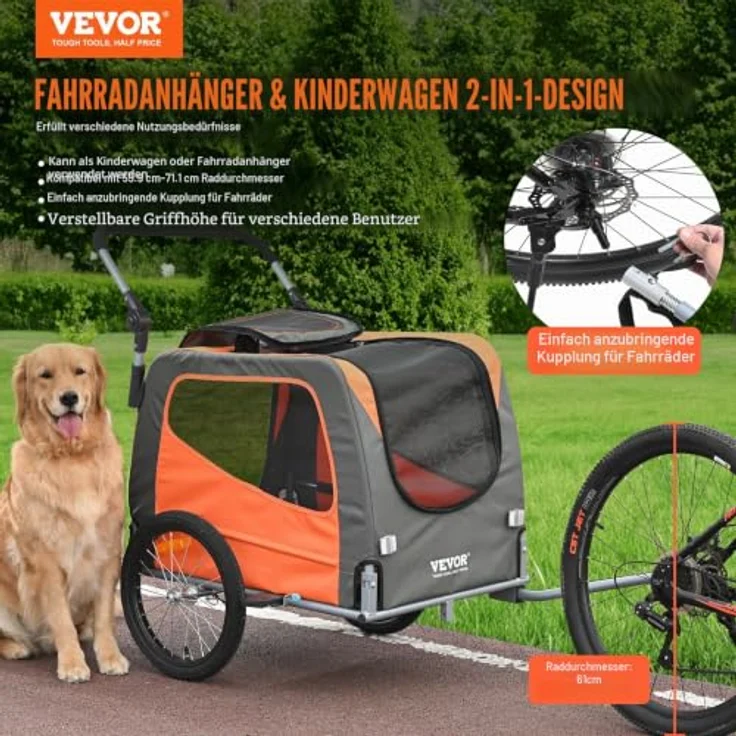 VEVOR Hundeanhänger 30 kg 2in1 Fahrradanhänger aus Kohlenstoffstahl + 600D Oxford-Gewebe, faltbar, für Hunde und Kinder als Jogger, 1440 x 720 x 779 mm – Bild 2