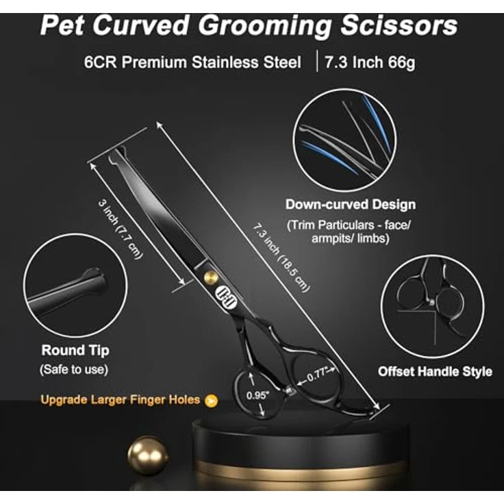 CIICII 7 Zoll Profi Hundescheren Set, mit Runde Sicherheitsspitze, gebogener & gerader Haarschere für Fellpflege von Hund und Katze, schwarz – Bild 3