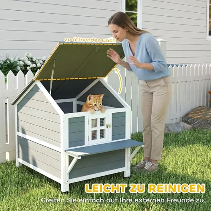PawHut 2-Etagen Katzenhaus aus Holz, Outdoor Katzenhöhle mit wasserdicht aufklappbarem Dach, erhöhter Basis und seitlicher Plattform, für 1-2 Katzen bis 5 kg, Grau, 101x72,5x81 cm – Bild 5