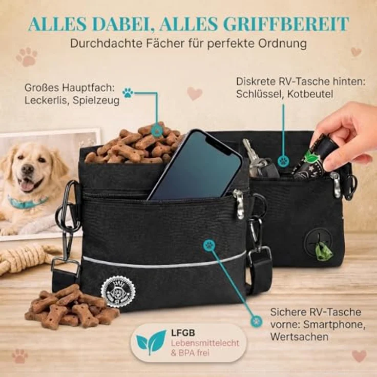 HUND IST KÖNIG Leckerlietasche für Hunde mit Einhand-Magnet-Verschluss, 2 Zip-Fächer, herausnehmbare Innentasche, inkl. Trainings-eBook, robust und funktional für Gassi & Hundetraining – Bild 3