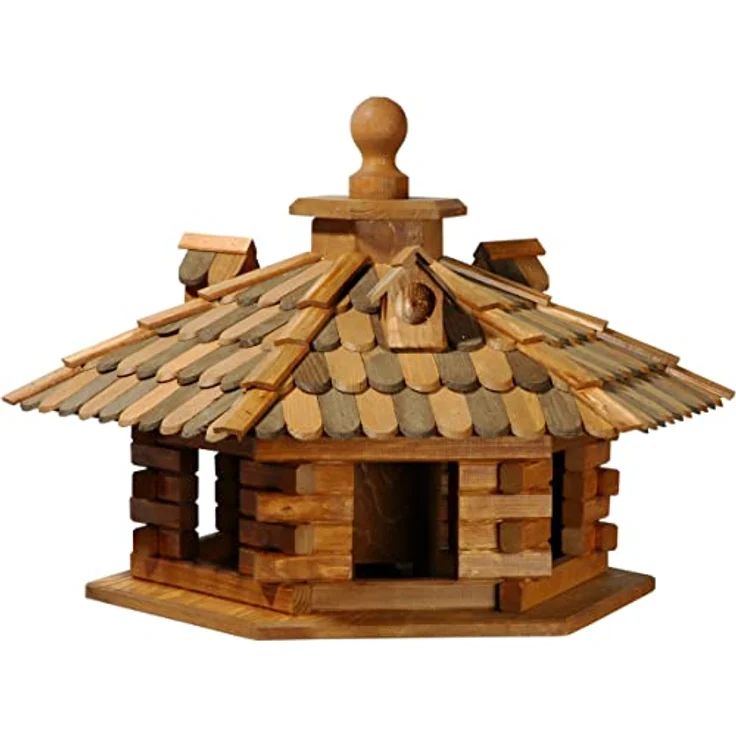 dobar 45310e Rustikales Vogelfutterhaus im Blockhaus-Stil mit dekorativem Holzschindeldach, Vogelhaus mit 6 Einfluglöchern, Kiefer, XXL, braun – Bild 2