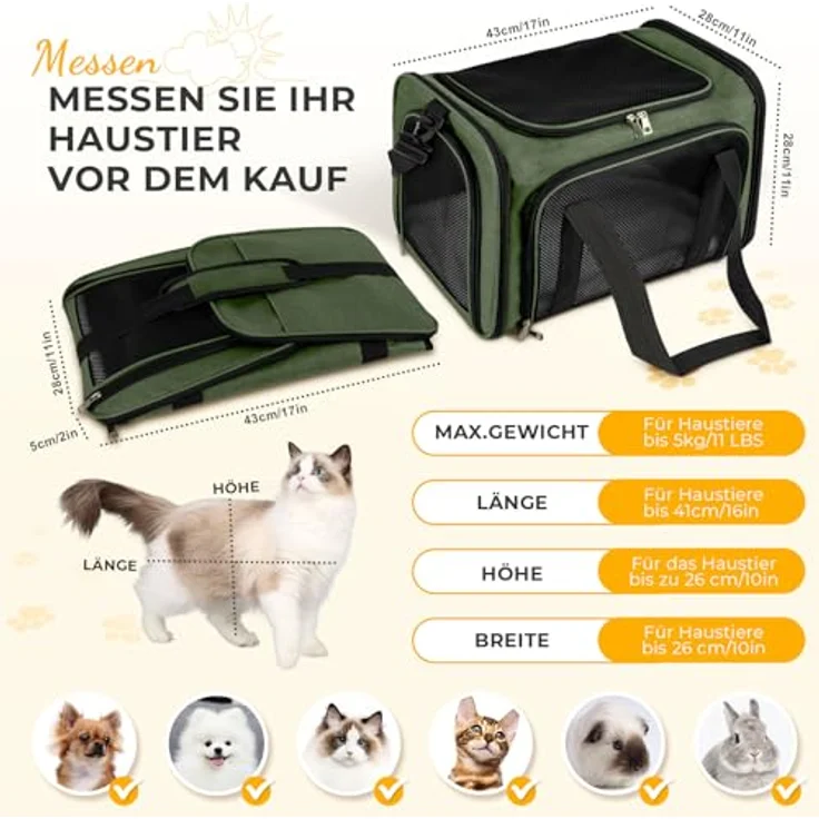 TOFFCAEA Faltbare Transporttasche für Katze und Hund, tragbare Hundetransportbox bis 5kg, grün, L 43 x B 28 x H 28 cm, atmungsaktiv und mit Sicherheitsgurten – Bild 2