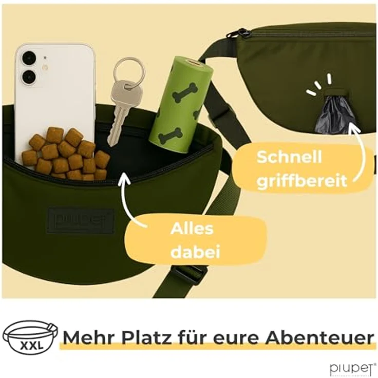 PiuPet® Leckerlitasche, wasserdichte Gassitasche für Hunde mit 3 Reißverschlussfächern, 2-in-1 Bauchtasche & Umhängetasche, herausnehmbare Innentasche, grün – Bild 3