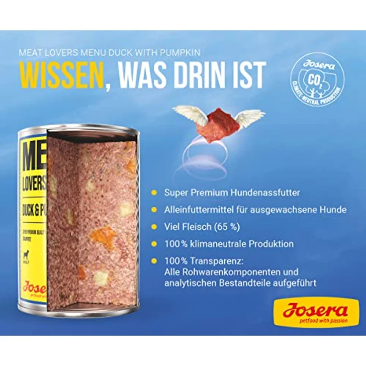 JOSERA Meat Lovers Menu Duck with Pumpkin, Premium Nassfutter für ausgewachsene Hunde, 65% Fleisch, weizenfrei, 6 x 800 g – Bild 3