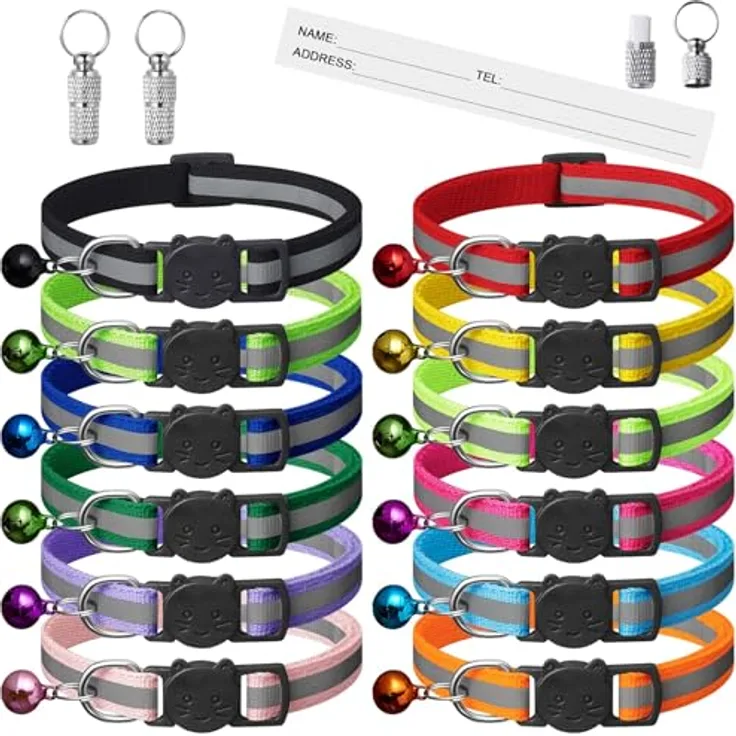 Extodry 12 Stück Reflektierende Katzenhalsbänder, Verstellbar mit Sicherheitsverschluss, Personalisiert mit 2 ID-Tag, 12 Farben
