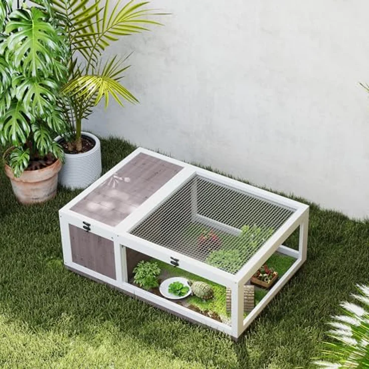 PawHut Kleintierstall Schildkrötengehege, 91x60,5x32 cm, mit aufklappbarem Dach und zwei Zonen für Schildkröten und Eidechsen, Braun – Bild 8