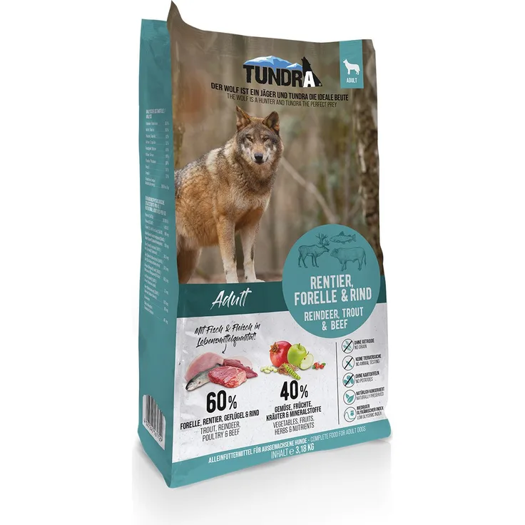Tundra Dog Rentier, Forelle und Rind, hochwertiges Hunde-Trockenfutter mit hohem Fleischanteil, 3,18kg