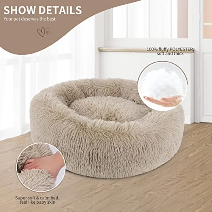 BVAGSS Rundes Hundebett, Flauschiges Donut Katzenbett aus Ultra Weichem Plüsch, Waschbar, für Kleine, Mittelgroße und Große Hunde und Katzen, 40 cm, Hellbraun – Bild 2