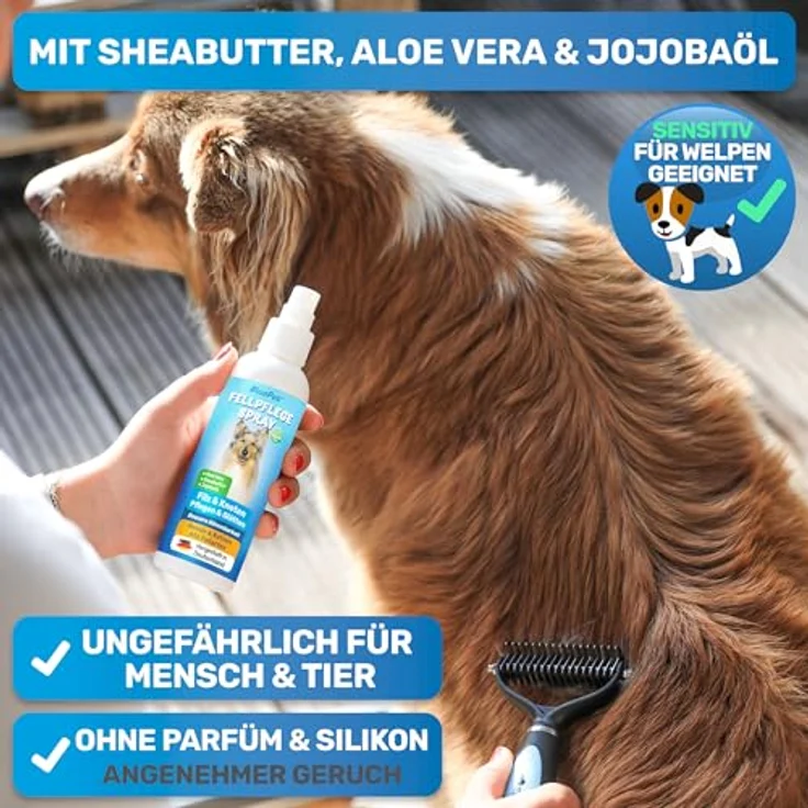 BluePet Entfilzungsspray 200 ml für Hunde & Katzen, Anti-Filz Spray mit Aloe Vera, Shea-Butter & Jojobaöl, verbessert Kämmbarkeit, dermatologisch getestet, vegan – Bild 3