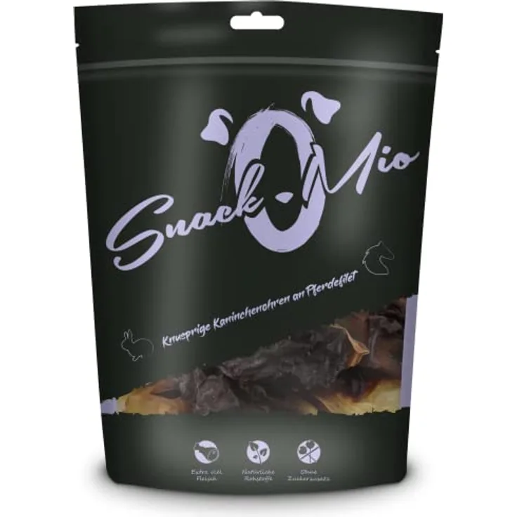 SnackOMio Premium Hundesnack, knusprige Kaninchenohren an Pferdefilet, getreidefrei, 1er Pack (1 x 70g)