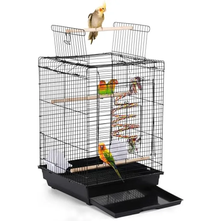 Yaheetech Vogelkäfig mit Dach, 40 x 40 x 58 cm, für Wellensittiche und Nymphensittiche, inklusive Vogelspielzeugen, schmutzresistente Wanne, verschließbare Tür