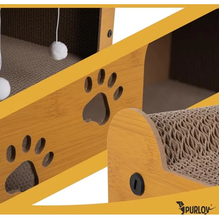 Purlov Katzen Kratzhaus 3-in-1, mit 2 Ebenen, HDF & extra fester Wellpappe, Liegeplatz + Kratzfläche + Spiel, stabil & rutschfest, für 1–2 Katzen, inkl. Bälle, 29,5×56×27 cm, Eco Design – Bild 2