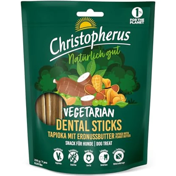 Christopherus Vegetarian Dental Stick, 250g - Tapioka mit Erdnussbutter, getreidefrei, wenig Fett, ohne Zuckerzusatz, für Zahnpflege – Bild 1