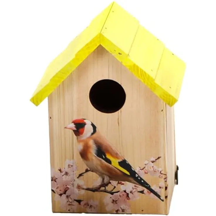 Bubble-Store Nistkasten Vogelhaus für Wildvögel, gelb mit Distelfink-Motiv, zum Hängen oder Stellen, FSC zertifiziertes Natur-Holz