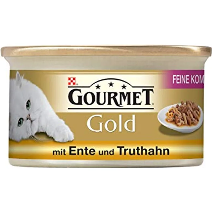 GOURMET Gold Feine Komposition mit Ente und Truthahn, 12x85g, proteinreiches Katzen-Nassfutter mit hohem Fleischanteil