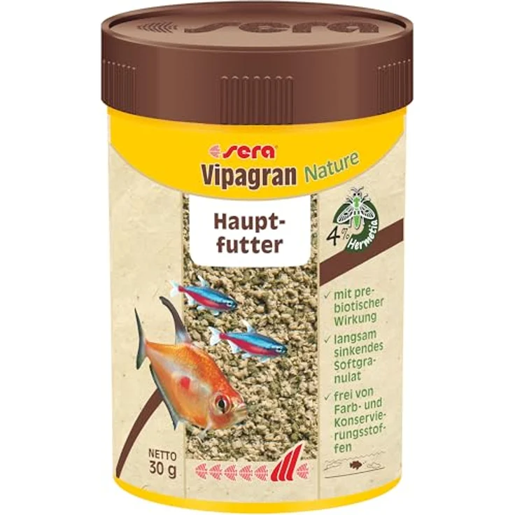 sera Vipagran Granules 100 ml (30 g), Softgranulat-Fischfutter ohne Farb- & Konservierungsstoffe, mit 4% Insektenmehl, ideal für Zierfische der mittleren Zone, prebiotische Wirkung – Bild 1