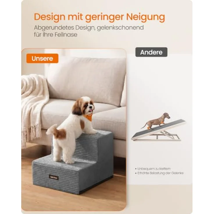 Feandrea Hundetreppe, 2 Stufen Katzentreppe für Kleine Hunde, Hochdichter Schaumstoff, 30 x 38 x 28 cm, Ruhiges Grau, Waschbar und Wasserdicht, Antirutsch-Oberfläche, Baddi Kollektion PPS022GD01 – Bild 3