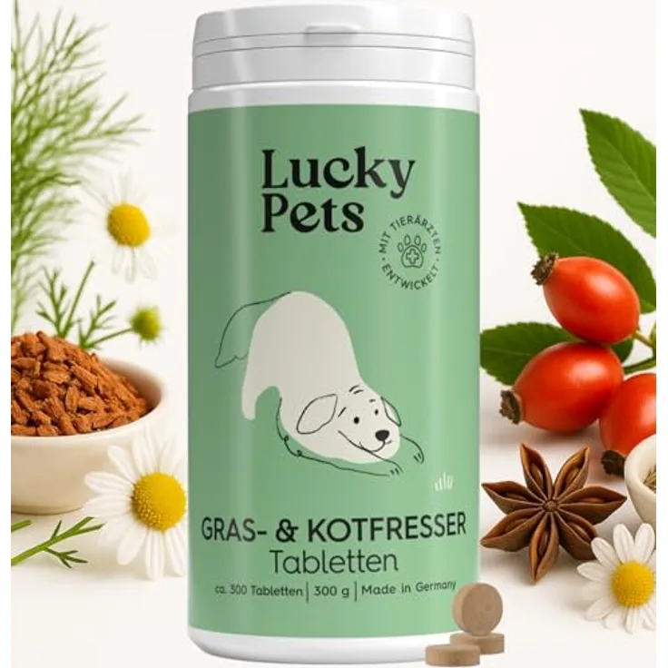 Lucky Pets Gras- & Kotfresser Tabletten, 300 g, mit Ulmenrinde, Bentonit & Heilerde, 100% pflanzlich, magenschonend, für weniger Fressfehlverhalten, Made in Germany